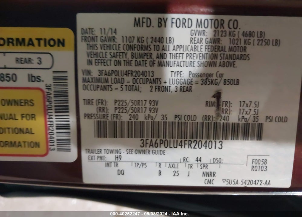 2015 FORD FUSION HYBRID SE VIN: 3FA6P0LU4FR204013
