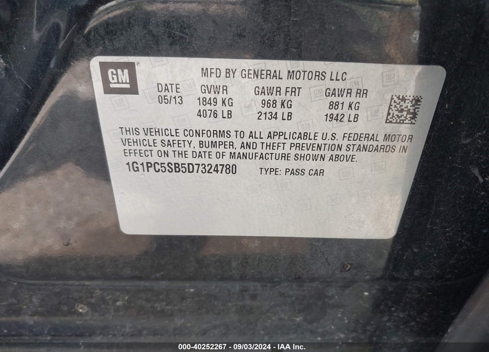 2013 CHEVROLET CRUZE 1LT AUTO VIN: 1G1PC5SB5D7324780