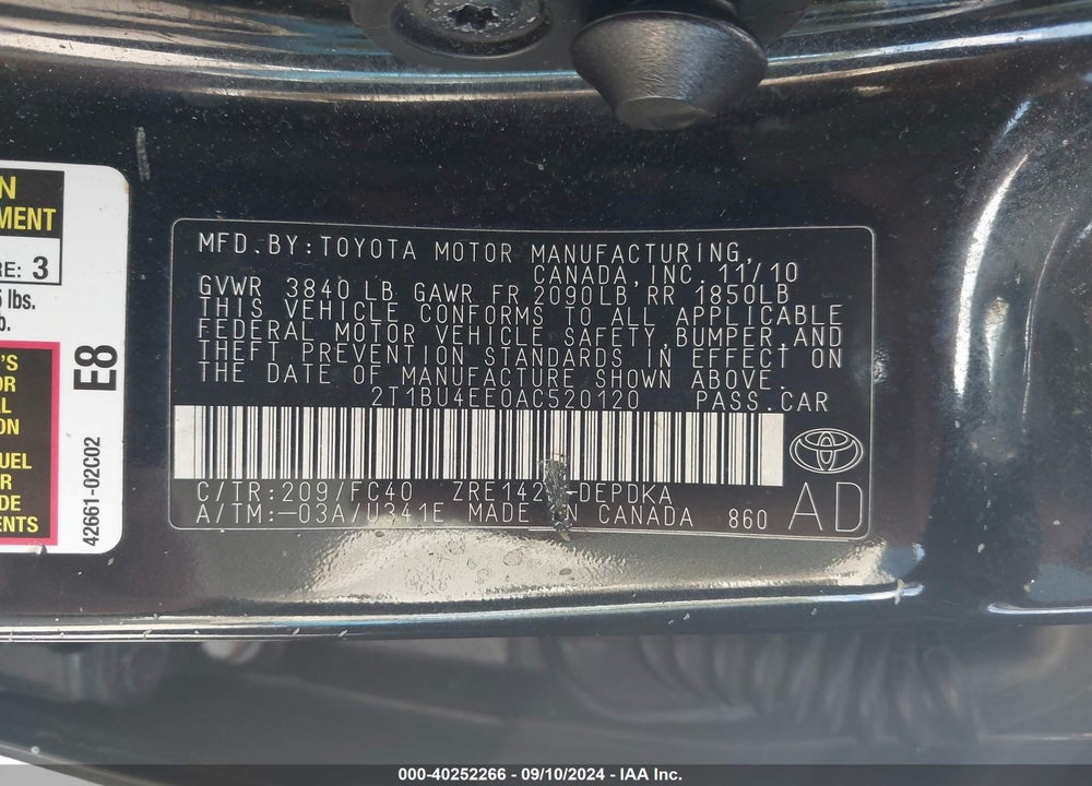 2010 TOYOTA COROLLA LE VIN: 2T1BU4EE0AC520120