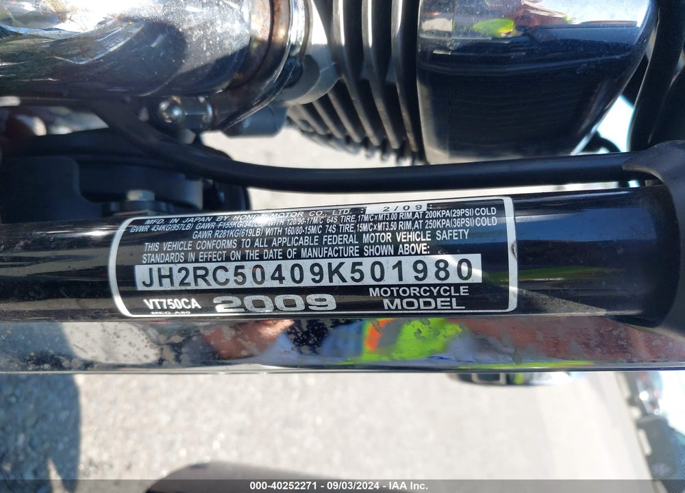2009 HONDA VT750 C VIN: JH2RC50409K501980