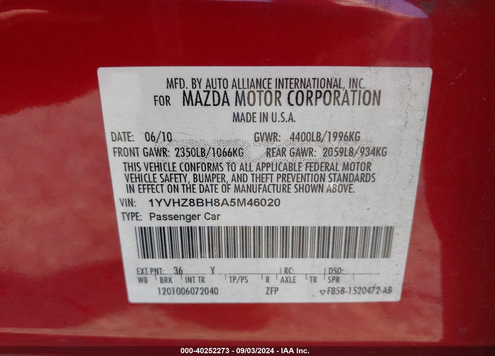 2010 MAZDA 6 I SPORT VIN: 1YVHZ8BH8A5M46020