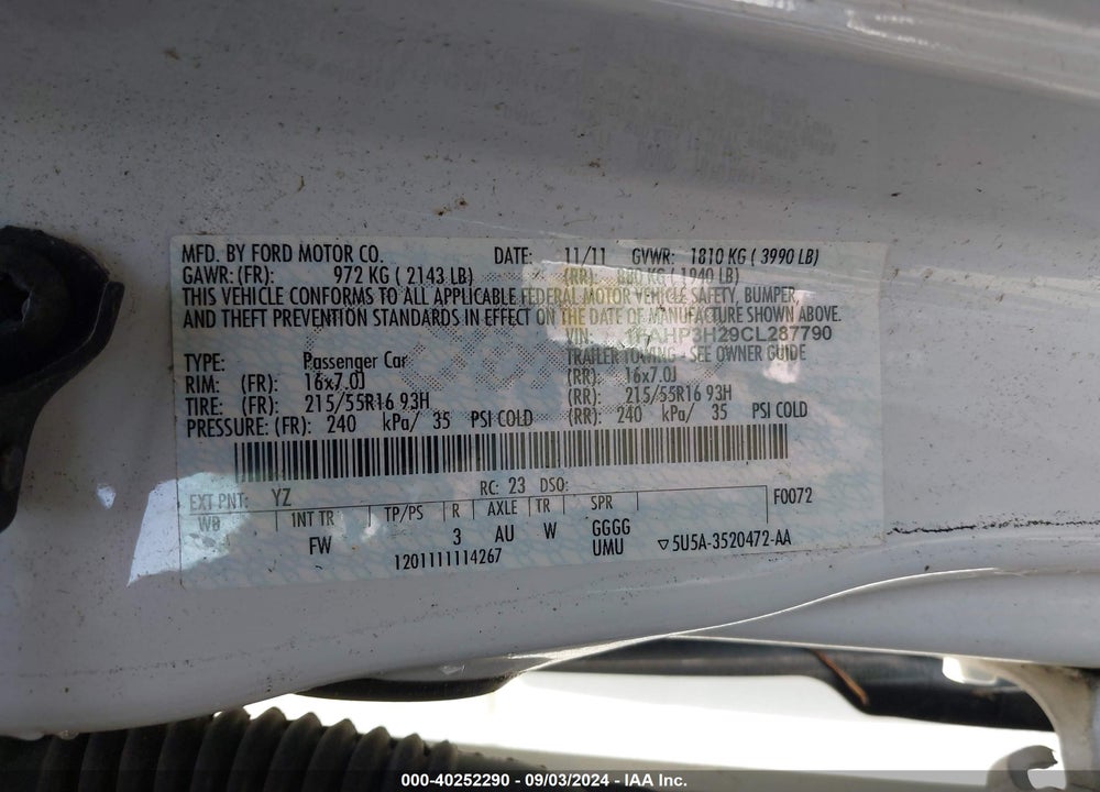 2012 FORD FOCUS SEL VIN: 1FAHP3H29CL287790