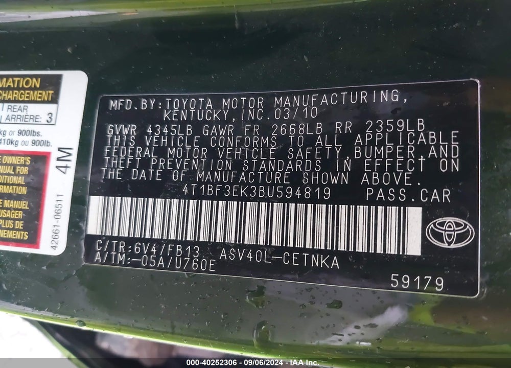 2011 TOYOTA CAMRY LE VIN: 4T1BF3EK3BU594819