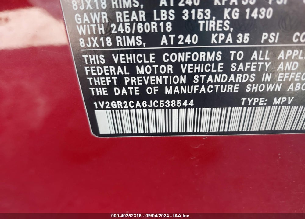 2018 VOLKSWAGEN ATLAS 3.6L V6 S VIN: 1V2GR2CA6JC538544