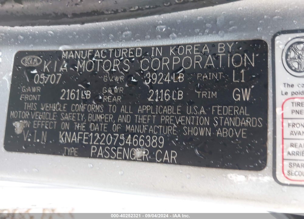 2007 KIA SPECTRA EX VIN: KNAFE122075466389