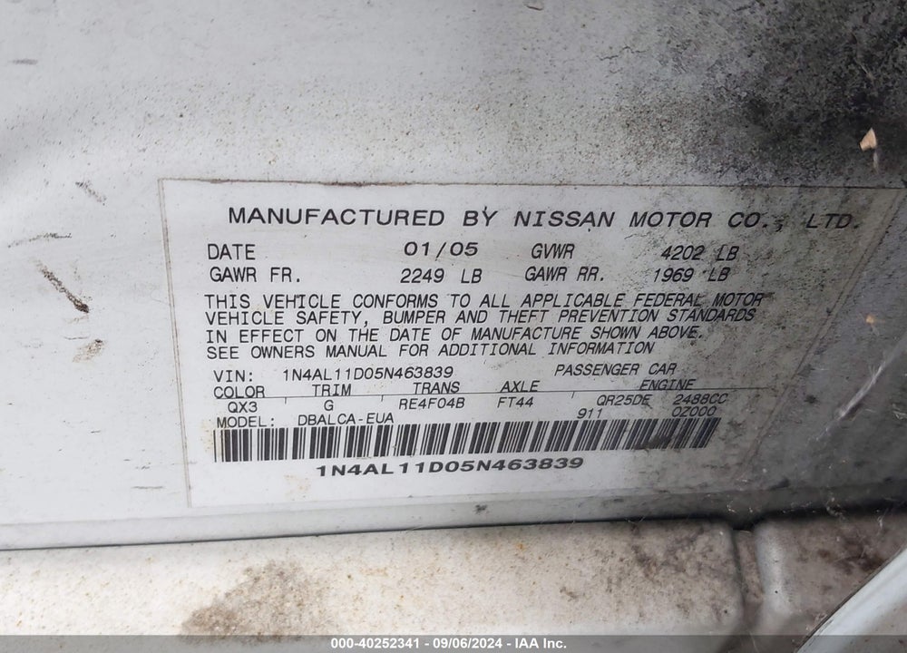 2005 NISSAN ALTIMA 2.5 S VIN: 1N4AL11D05N463839