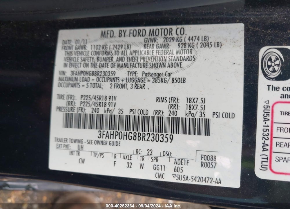2011 FORD FUSION SE VIN: 3FAHP0HG8BR230359