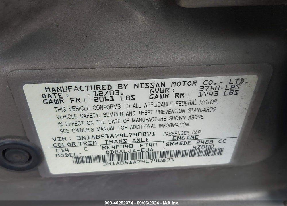 2004 NISSAN SENTRA 2.5S VIN: 3N1AB51A74L740871