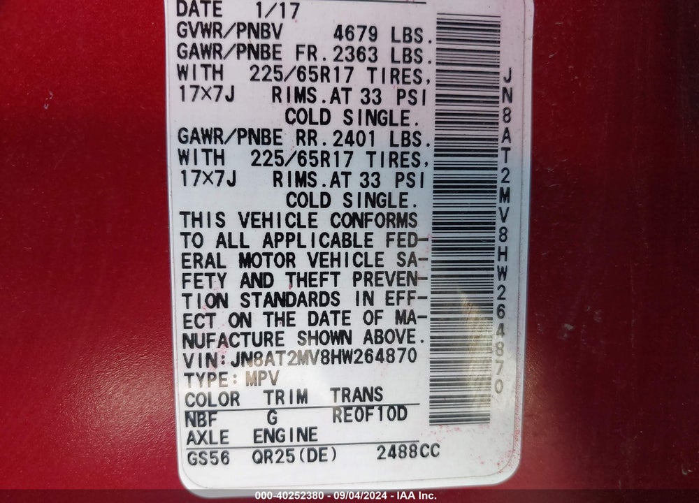 2017 NISSAN ROGUE SV VIN: JN8AT2MV8HW264870