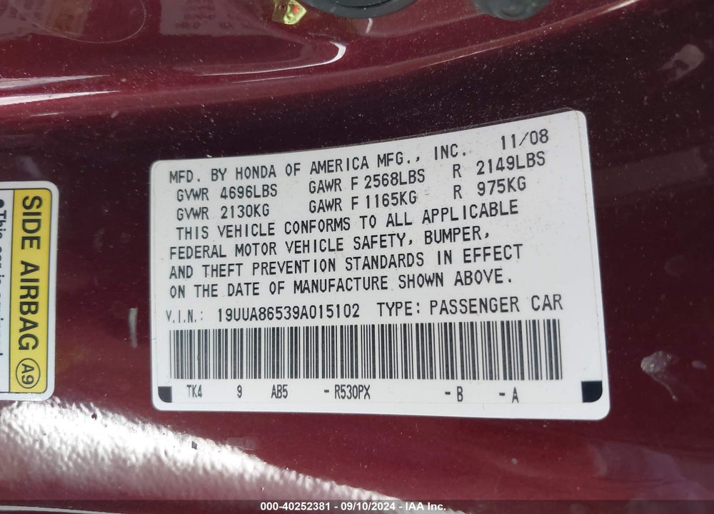 2009 ACURA TL 3.5 VIN: 19UUA86539A015102