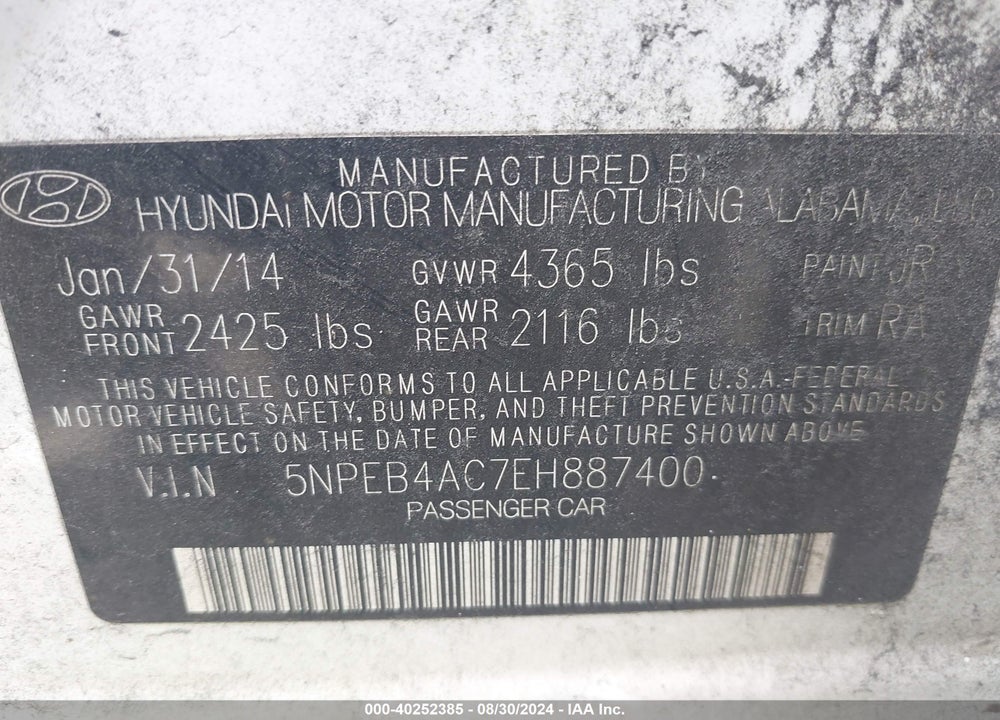 2014 HYUNDAI SONATA GLS VIN: 5NPEB4AC7EH887400