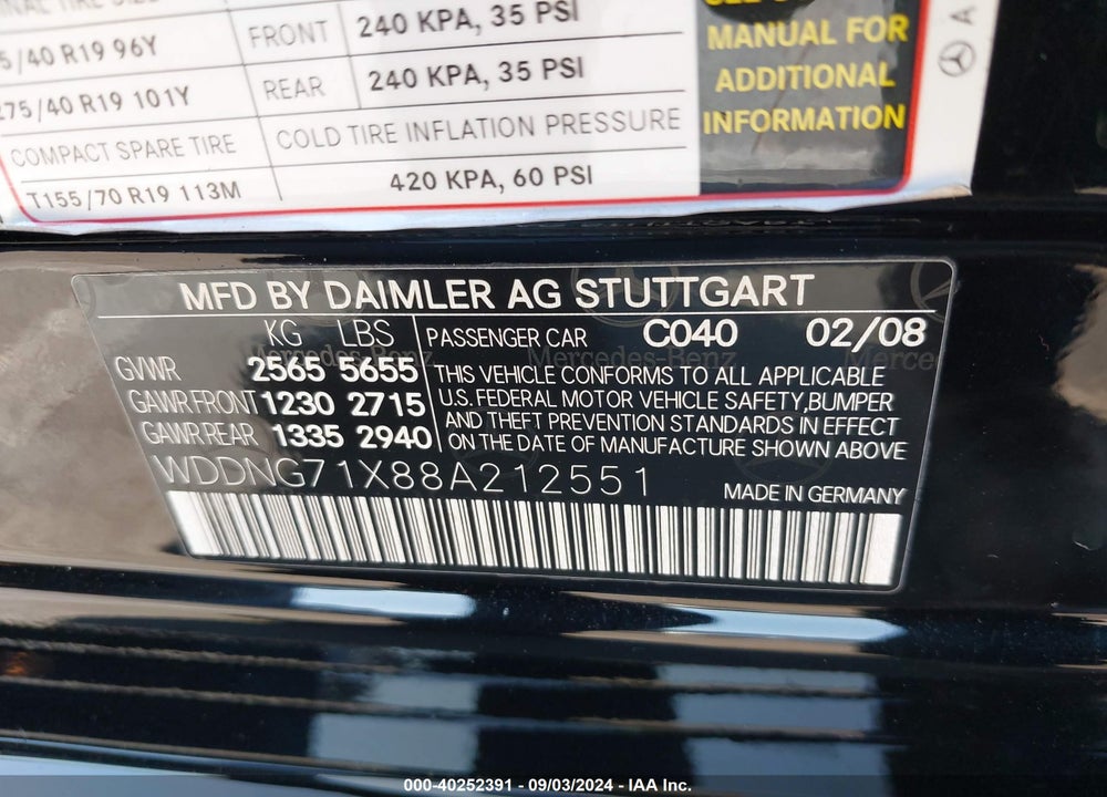 2008 MERCEDES-BENZ S 550 VIN: WDDNG71X88A212551
