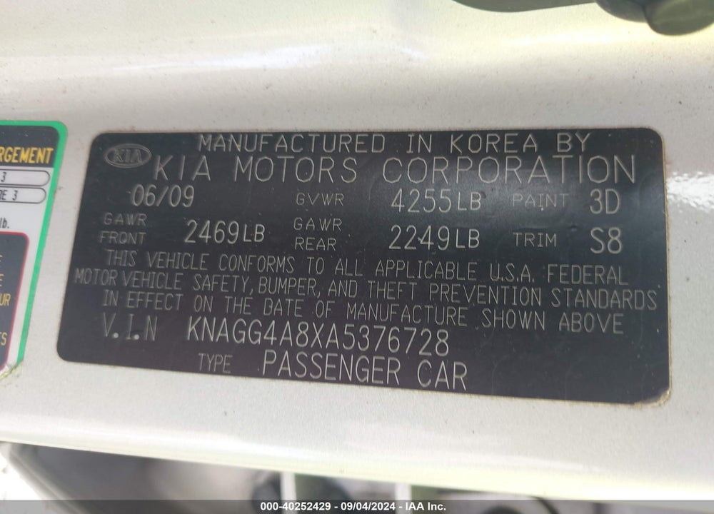 2010 KIA OPTIMA LX VIN: KNAGG4A8XA5376728