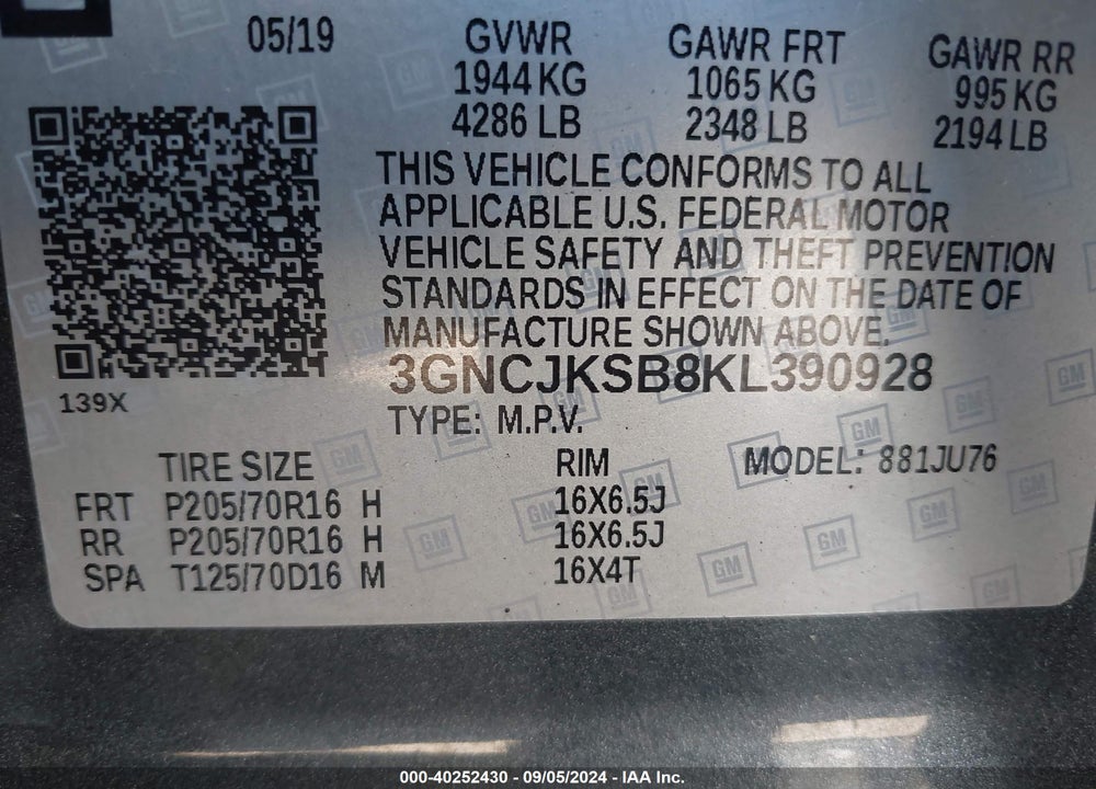2019 CHEVROLET TRAX LS VIN: 3GNCJKSB8KL390928