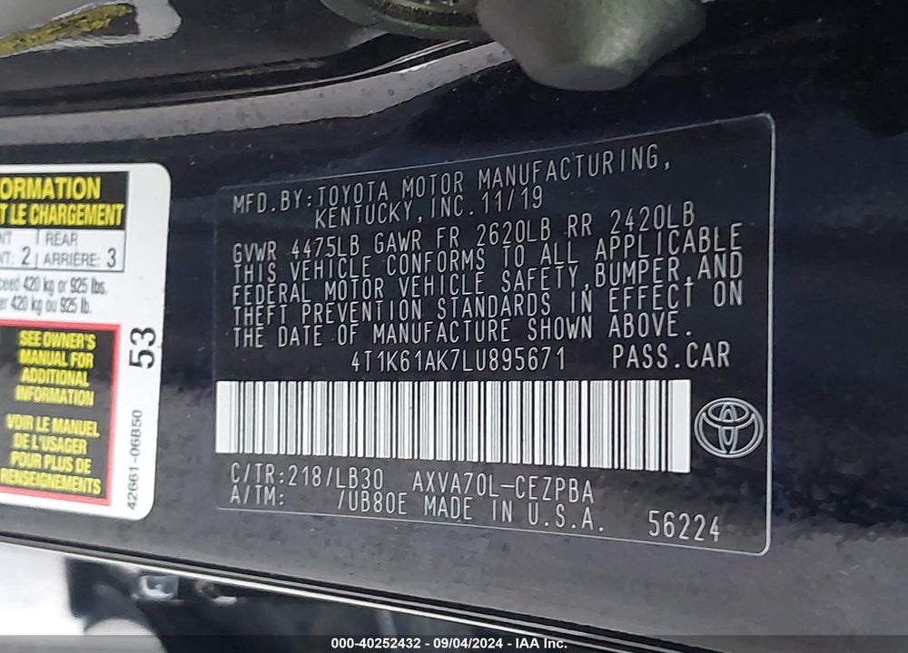 2020 TOYOTA CAMRY XSE VIN: 4T1K61AK7LU895671