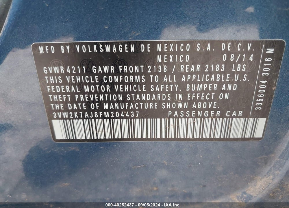 2015 VOLKSWAGEN JETTA 2.0L S VIN: 3VW2K7AJ8FM204437