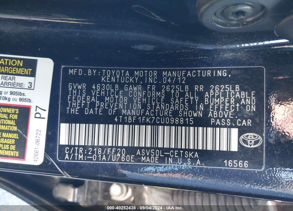 2012 TOYOTA CAMRY SE VIN: 4T1BF1FK7CU098815