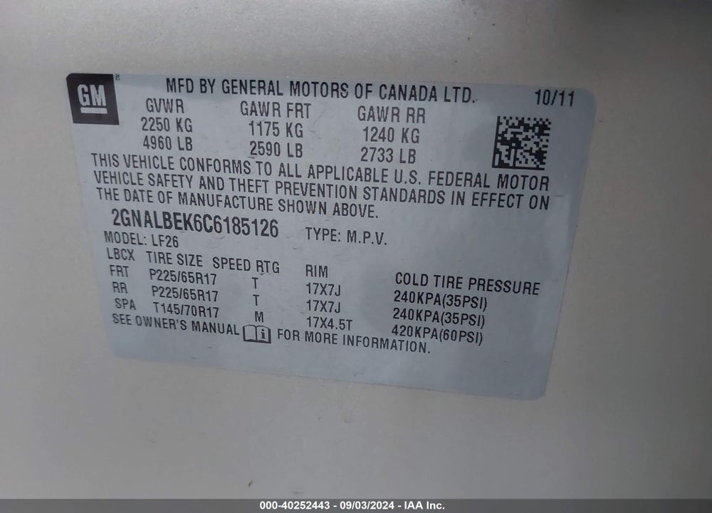 2012 CHEVROLET EQUINOX LS VIN: 2GNALBEK6C6185126