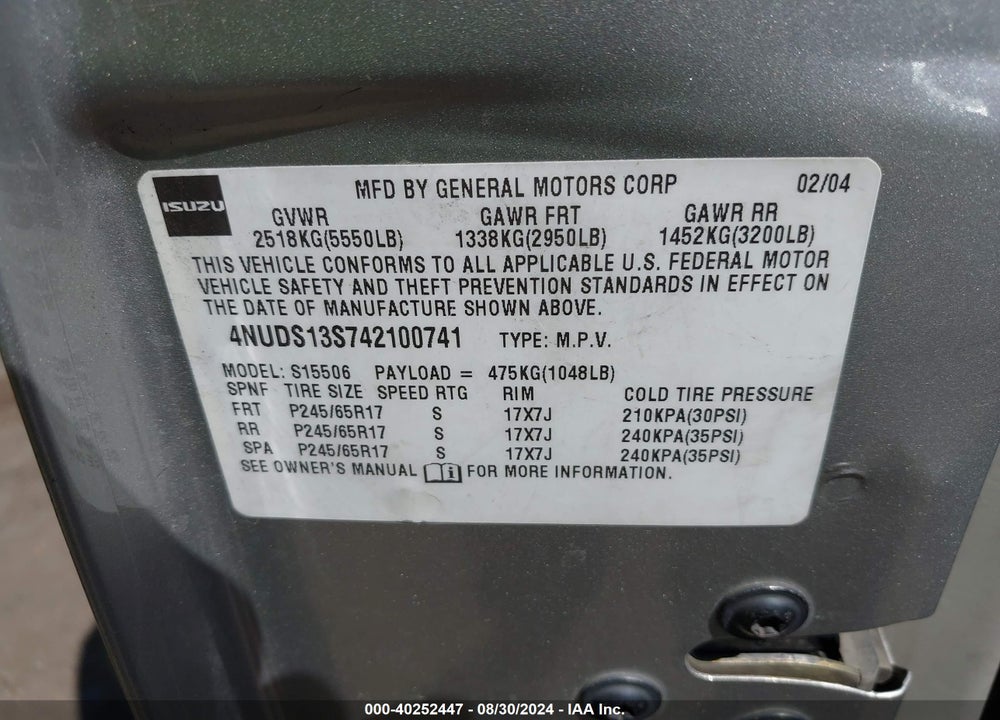 2004 ISUZU ASCENDER S VIN: 4NUDS13S742100741