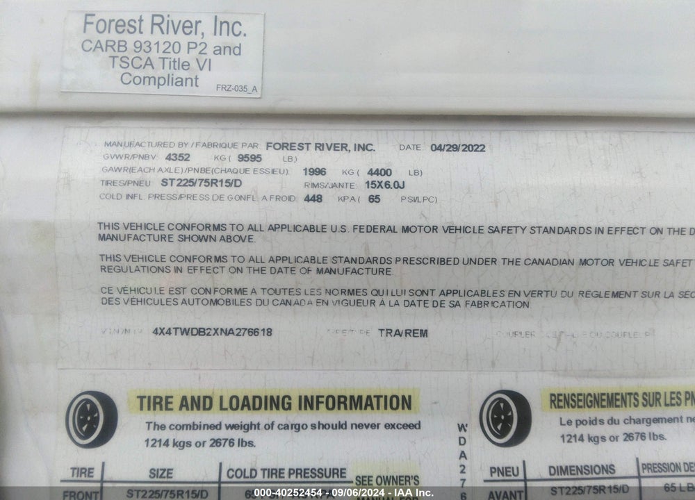 2022 FOREST RIVER WILDWOOD TRAVEL TRAILER VIN: 4X4TWDB2XNA276618