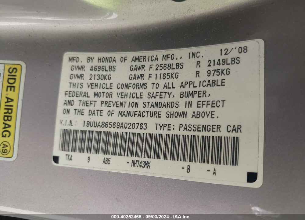 2009 ACURA TL 3.5 VIN: 19UUA86569A020763