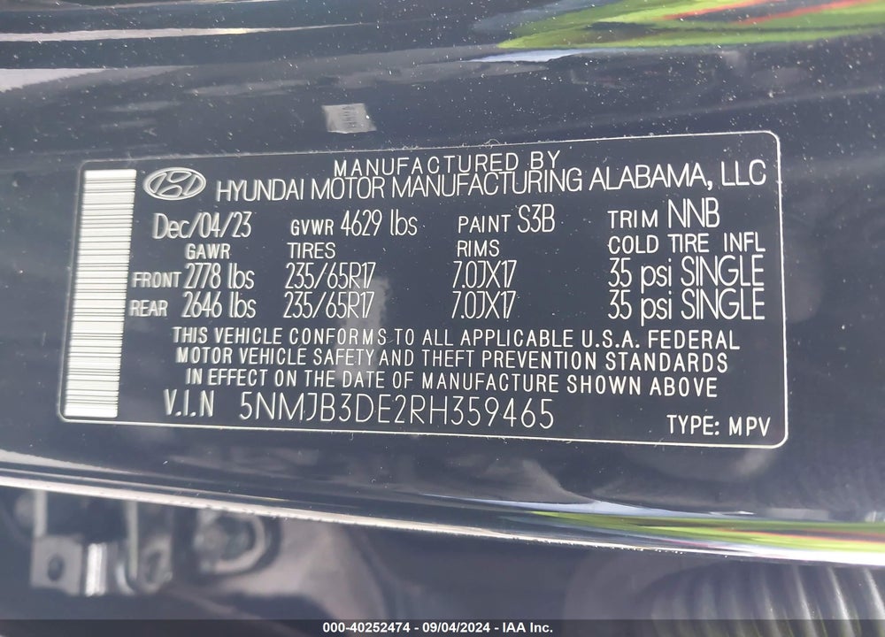 2024 HYUNDAI TUCSON SEL VIN: 5NMJB3DE2RH359465