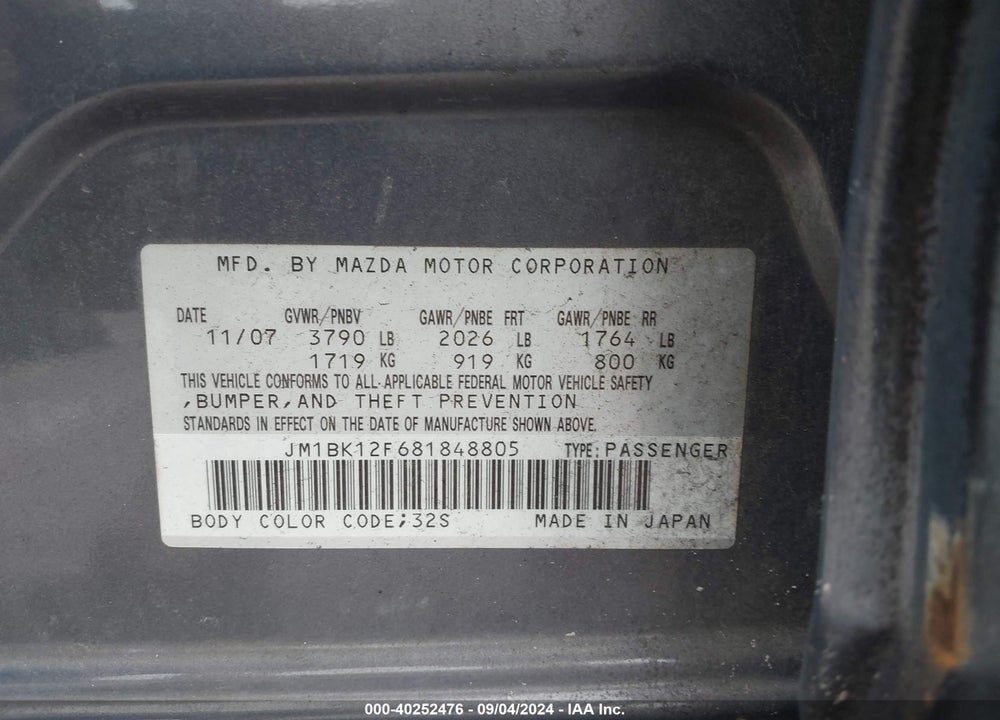 2008 MAZDA 3 I VIN: JM1BK12F681848805