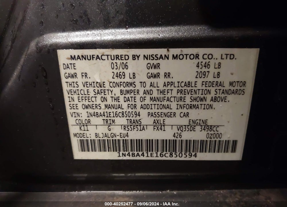 2006 NISSAN MAXIMA 3.5 SL VIN: 1N4BA41E16C850594