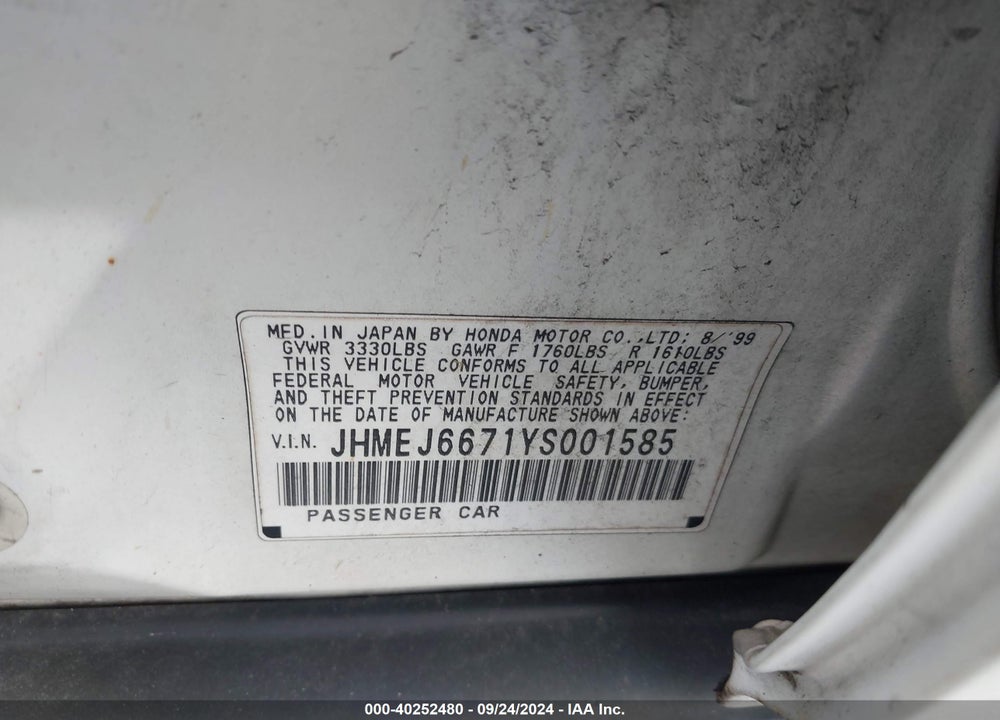 2000 HONDA CIVIC LX VIN: JHMEJ6671YS001585