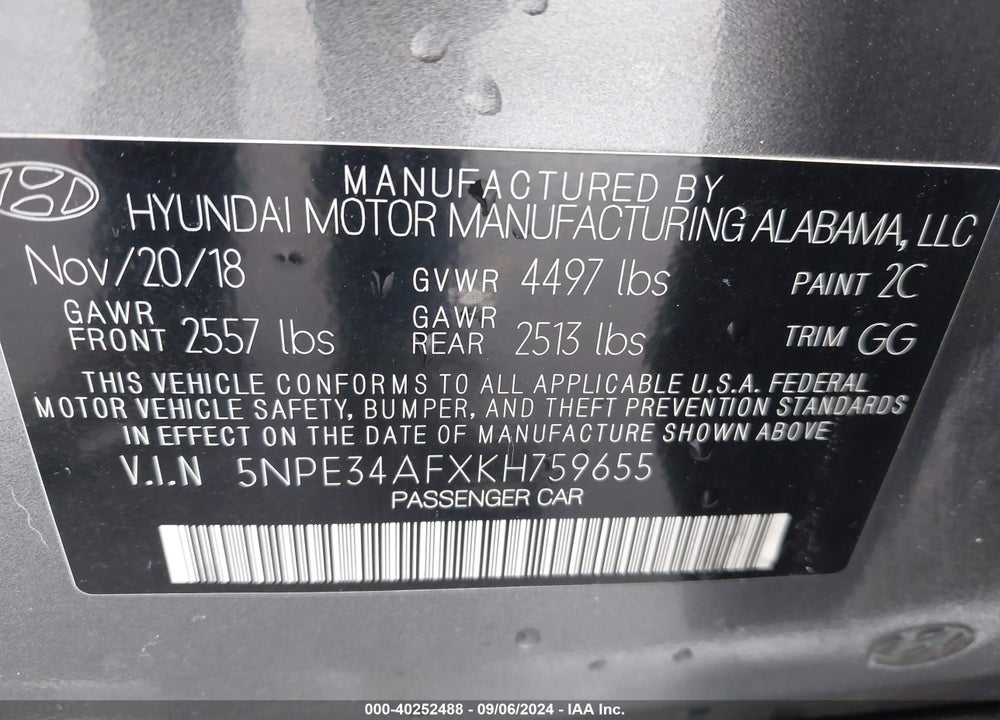 2019 HYUNDAI SONATA SEL VIN: 5NPE34AFXKH759655