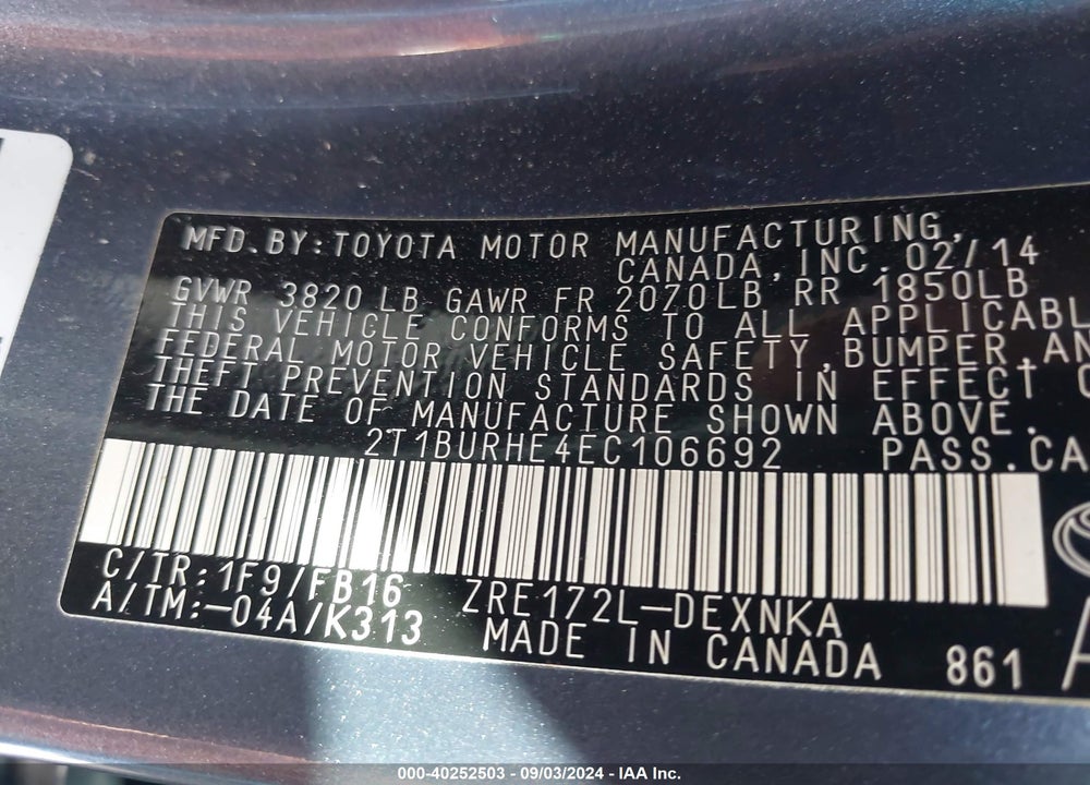 2014 TOYOTA COROLLA LE VIN: 2T1BURHE4EC106692