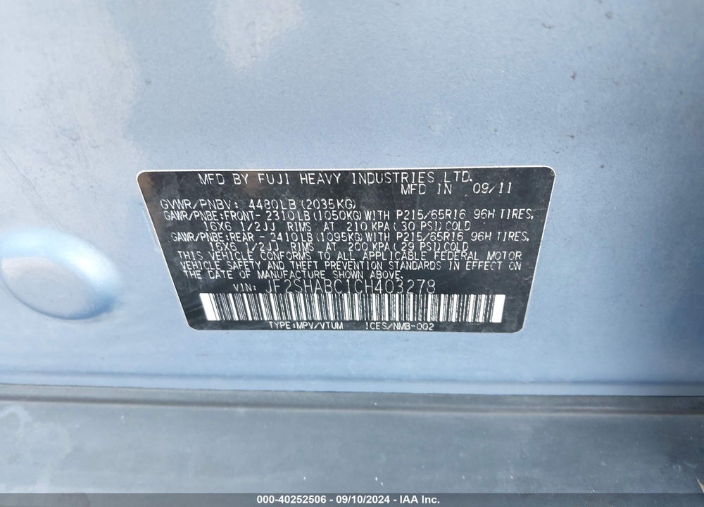 2012 SUBARU FORESTER 2.5X VIN: JF2SHABC1CH403278