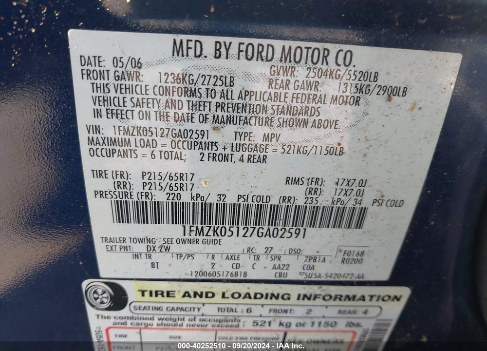 2007 FORD FREESTYLE SEL VIN: 1FMZK05127GA02591