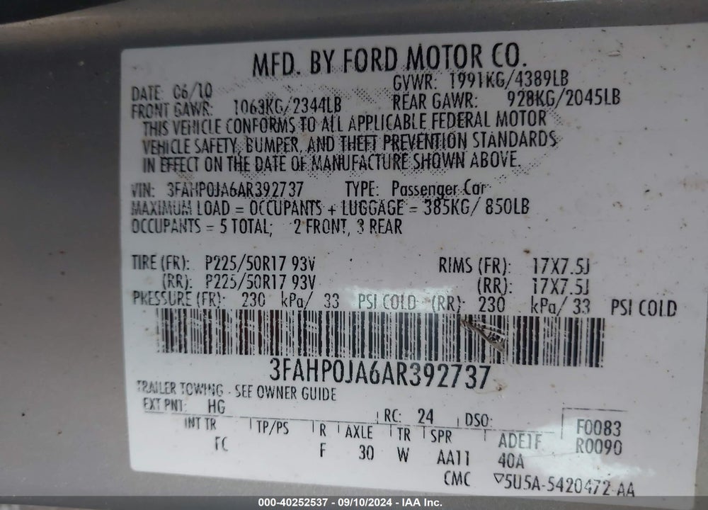 2010 FORD FUSION SEL VIN: 3FAHP0JA6AR392737