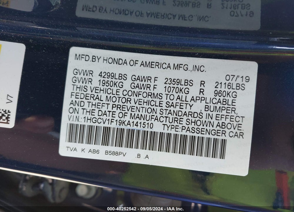 2019 HONDA ACCORD LX VIN: 1HGCV1F19KA141510