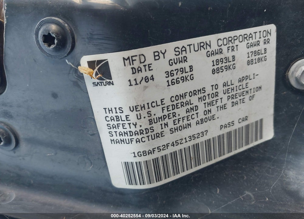 2005 SATURN ION 1 VIN: 1G8AF52F45Z135237