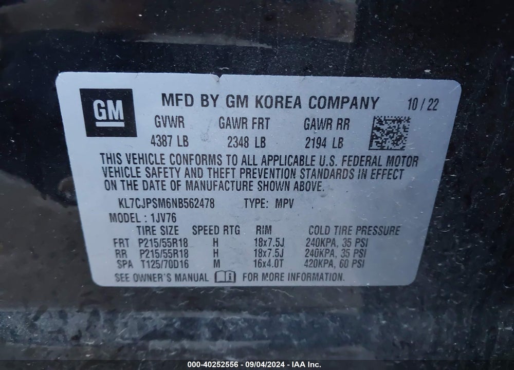 2022 CHEVROLET TRAX AWD LT VIN: KL7CJPSM6NB562478