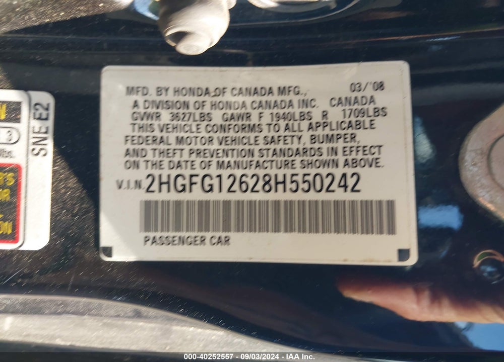2008 HONDA CIVIC LX VIN: 2HGFG12628H550242