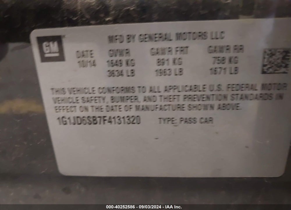 2015 CHEVROLET SONIC LT MANUAL VIN: 1G1JD6SB7F4131320