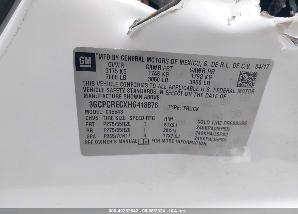 2017 CHEVROLET SILVERADO 1500 1LT VIN: 3GCPCRECXHG418876