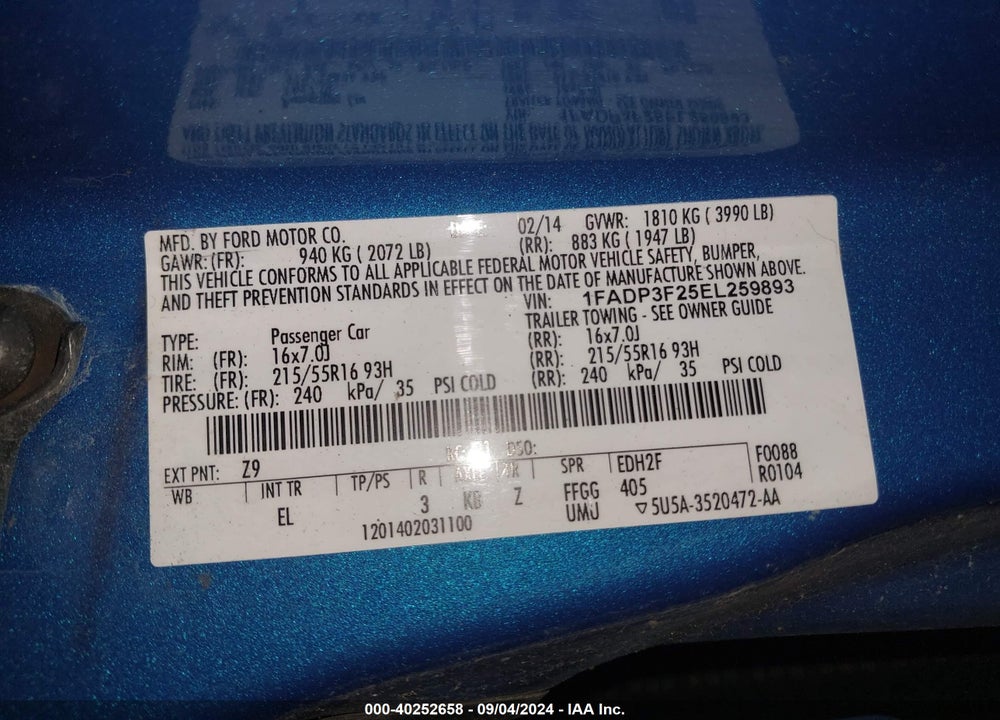 2014 FORD FOCUS SE VIN: 1FADP3F25EL259893