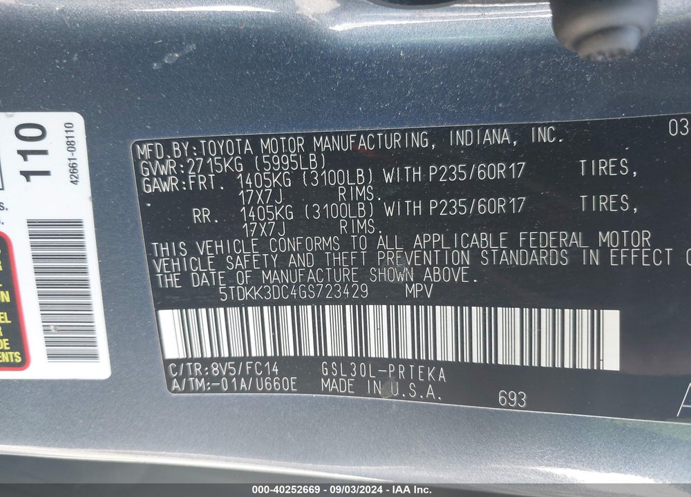 2016 TOYOTA SIENNA LE VIN: 5TDKK3DC4GS723429