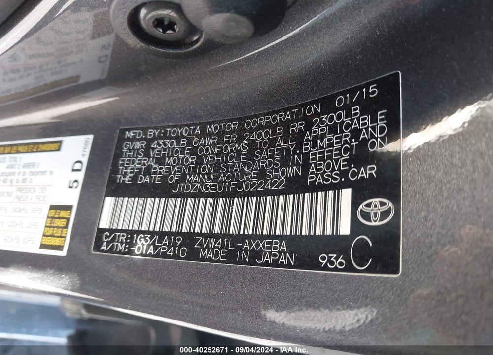 2015 TOYOTA PRIUS V FOUR VIN: JTDZN3EU1FJ022422