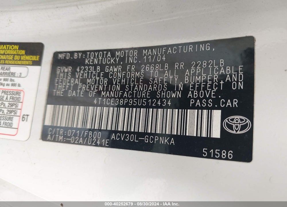 2005 TOYOTA CAMRY SOLARA SE VIN: 4T1CE38P95U512434
