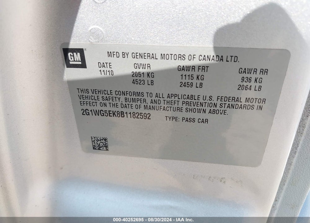2011 CHEVROLET IMPALA LT VIN: 2G1WG5EK8B1182592