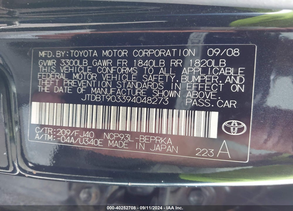 2009 TOYOTA YARIS VIN: JTDBT903394048273