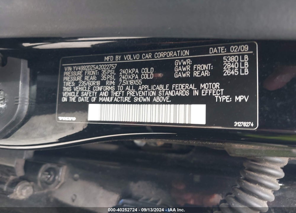 2010 VOLVO XC60 T6/T6 R-DESIGN VIN: YV4992DZ5A2022757