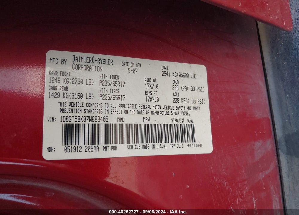2007 NITRO DODGE  SLT/RT VIN: 1D8GT58K37W689405