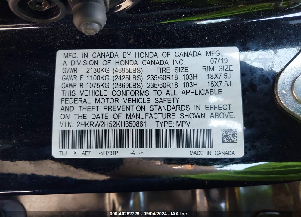 2019 HONDA CR-V EX VIN: 2HKRW2H52KH650861