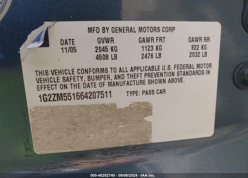 2006 PONTIAC G6 GTP VIN: 1G2ZM551664207511
